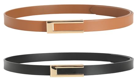 YooAi Womens Leather Belt Skinny Waist Belt for Dresses Jeans Pants with Gold Buckle Black+Brown 95