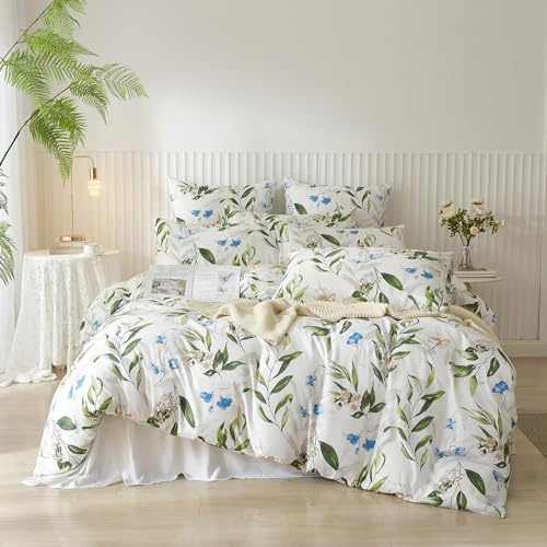 DXHOME Bettwäsche Blumen 155x220cm Grün Weiß Bunt Blumenmuster Pflanzen Blätterr Sommer Bettdeckenbezug Romantische Mädchen Bettbezug mit Reißverschluss und 2 Kissenbezüge 80 x 80cm