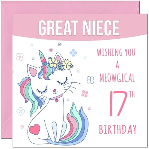 Geburtstagskarte zum 17. Geburtstag der großen Nichte, Meowgische lustige Katze, Geburtstagskarte für 17-jährige Teenager, Kinder, siebzehnt, siebzehnte