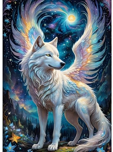 QINRUBB Wolf Flügel Diamond Painting Erwachsene, 5D Mond Diamant Painting Bilder Anfänger, DIY Fantasie Runder Vollbohrer Diamanten Malerei Stickerei Kreuzstich Geschenke Home Wand Dekor 30x40cm