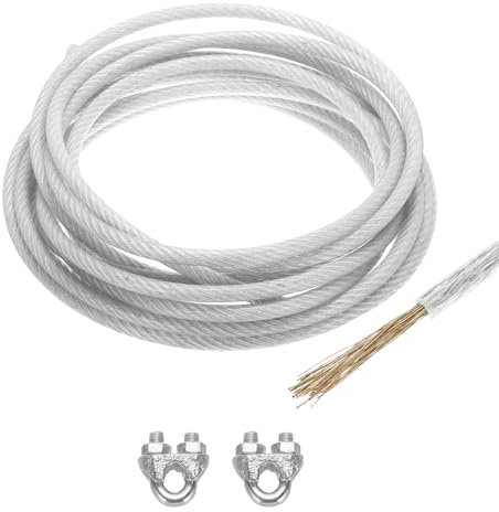 Sourcing Map 8mm (5/16 inch) Clear Vinyl Coated Galvanized Steel Wire Rope, 6m /20ft with 2PCS M8 Loop Sleeves for Decorative Hanging, Lighting Cable