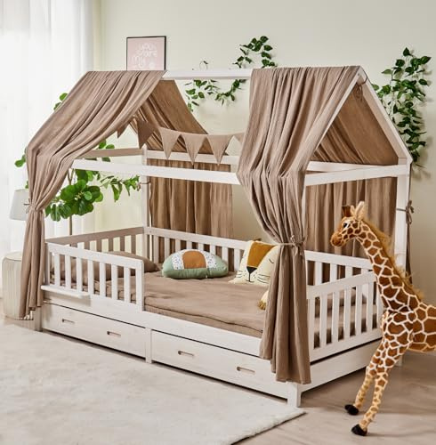 ALAVYA HOME® Ensemble de décoration pour lit Maison en 3 pièces avec 2 ciels de lit | 1 Guirlande de fanions de 300 cm de Long pour lit d'enfant | 100% Coton Muslin Biologique | Marron