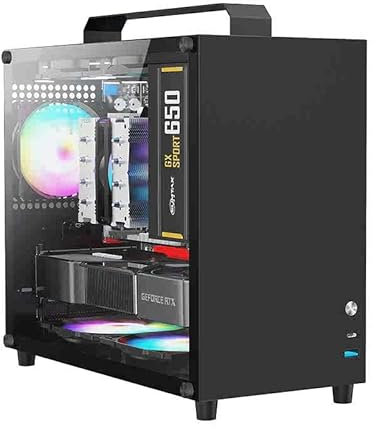 ALAMENGDA SUMIX-500 Mini boîtier d'ordinateur portable M-ATX/ITX, mini tour en verre transparent avec poignée, prend en charge la taille du GPU de 320 mm (noir 2.0)