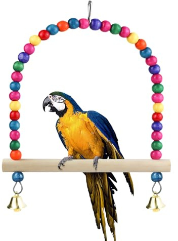 LuckyOpt Vogel Schaukel Spielzeug mit Barsch Stand und Glocke, natürliches hölzernes buntes Vogel Spielzeug Vogel Spielzeug für kleine Vögel Budgie Sittich Kakadu (L, Holzfarben)