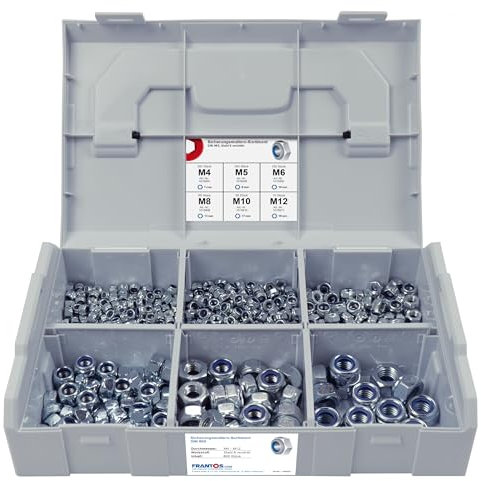 FRANTOS L-BOXX Mini DIN 985 Sicherungsmuttern Sortiment, M4 bis M12 605 tlg. (Stahl verzinkt) - selbstsicherende Sechskant Muttern Stoppmuttern Set