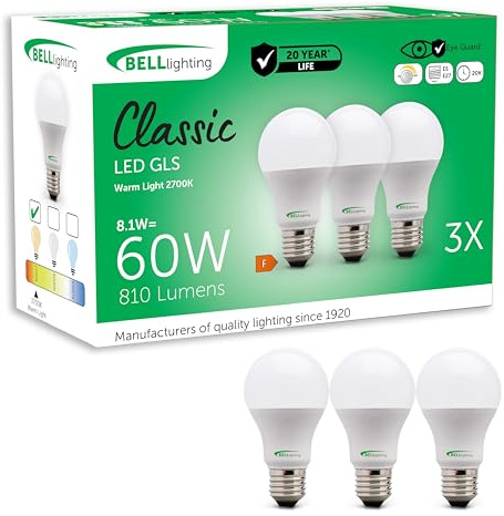 BELL Lighting E27 Dimmable LED GLS Bulbs 8.1W 810lm 2700K Warm White 3 Pack | Dimmable E27 Edison screw LED GLS bulbs with 2700K warm white light, 810lm output and 60W equivalent brightness.