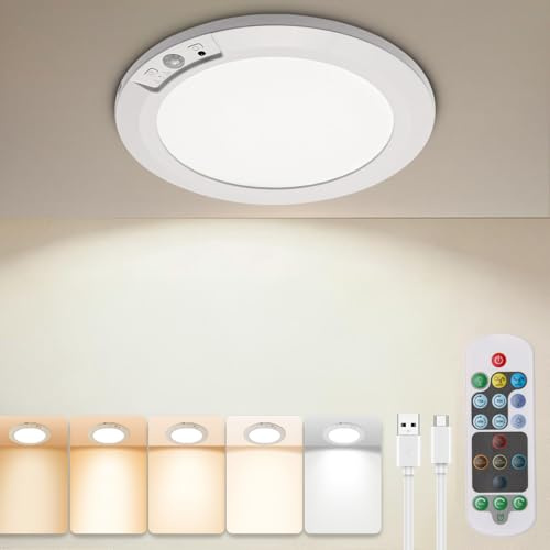 RAWNICE Rechargeable Motion Sensor Light with Remote | Battery Operated Lights Indoor, 8000mAh 7.5inch Magnetic Wireless Ceiling Lights for Closet Shower Shed Loft Bathroom Garage