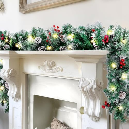 Christmas garland with lights,1.8M/ 6FT Christmas Garland Decorations Illuminated with LED Lights,for Stairs Fireplaces Christmas Festive Wreath Xmas Decor