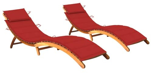 HaoChrymec Sonnenliegen 2 STK. mit Auflagen aus Massivholz Akazie, Verstellbare Rückenlehne, Ideal für Garten und Terrasse, Camping Liegestuhl, Sonnenliege mit Auflage, Rot, 184 x 55 x 64 cm