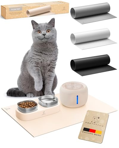 Pretty PAW® Napfunterlage Katze 60x40cm – Zubehör für Pretty Paw Trinkbrunnen & Futternapf | rutschfeste & wasserdichte Futtermatte Bodenschutz für Katzen Wassernapf & Fressnapf (Beige, Extra Breit)