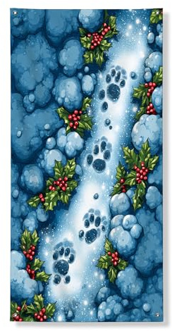 Copertura decorativa per porta con stampa di zampa invernale, sfondo blu innevato con foglie di agrifoglio, decorazione per interni ed esterni, 91 x 182 cm