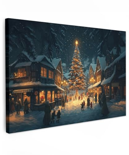 MuchoWow© Weihnachtsdeko Wandbilder Groß XXL Home Deko Wohnung Bild | 120x80 cm - Wohnzimmer Weihnachtsgeschenke Fotoleinwand Wand Bilder Leinwand Wall Decor Geschenk Weihnachtsfeier - Dorf
