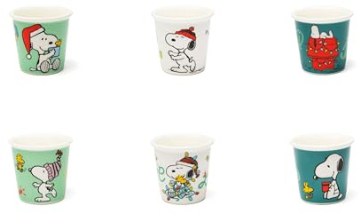 Excelsa Peanuts Shiny & Bright - Juego de 6 vasos de café expreso, porcelana New Bone China, verde y blanco, decorados con Snoopy navideño, 6 x 6 x 6 cm, 90 ml