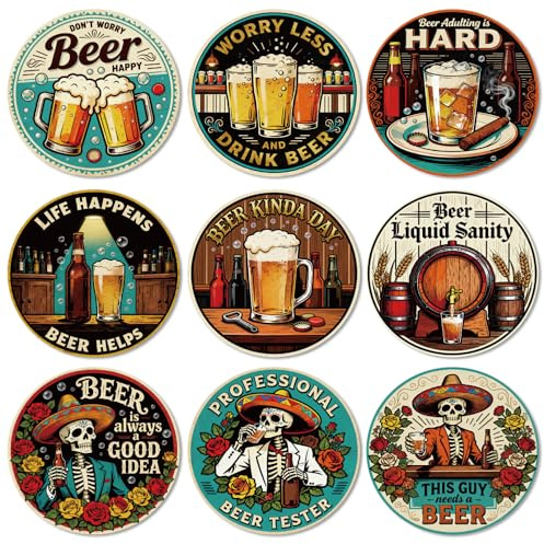 ANATTASOUL Retro Beer and Skull Wood Coasters Set of 9 for Coffee Table | Home Decor,3.9 Round,Vintage,Colorful Wooden Cup Mat,Funny Desk Coasters,for Apartment,Office,Bar,Kitchen,Gifts