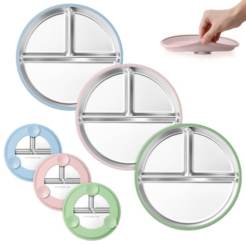 Onader Baby Teller mit Saugnapf Set, 3-tlg Edelstahl Kinderteller für Kleinkinder, Geteilter Teller Babyteller mit Rutschfest Silikonhülle für Baby-Led Weaning, Spülmaschinenfest (Blau/Rosa/Grün)