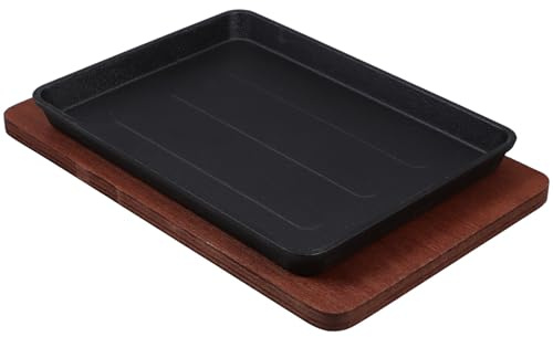 Tofficu Padella in Ghisa Quadrata per Bistecca e Teppanyaki Piastra da Cucina Giapponese Grande con Base in Legno Piastra Bbq Resistente per Grigliare Carne e Frutti di Mare