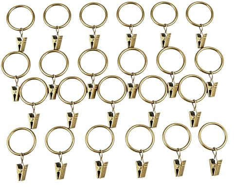 Zhcwldmi 40er-Set Gardinenringe mit Clips – Ringe für Gardinenstange in Antik-Messing-Optik, Vorhangringe mit Clips & Gardinenklammern aus Metall, 25mm Innendurchmesser