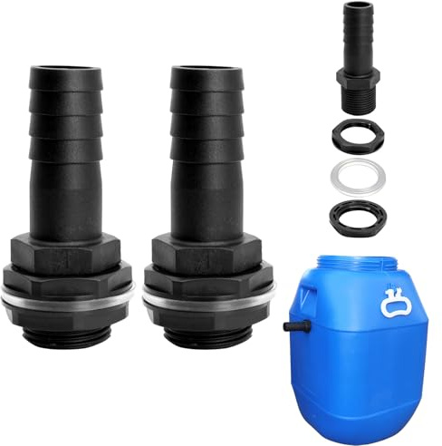 2 Pack 25mm Water Butt Connector Kits, Double-Threaded Tank Outlet Fittings | 2 Black PP locknuts and 1 PVC seal per connector, Leak-resistant fit, Suitable for rain barrels, water tanks, water or oil