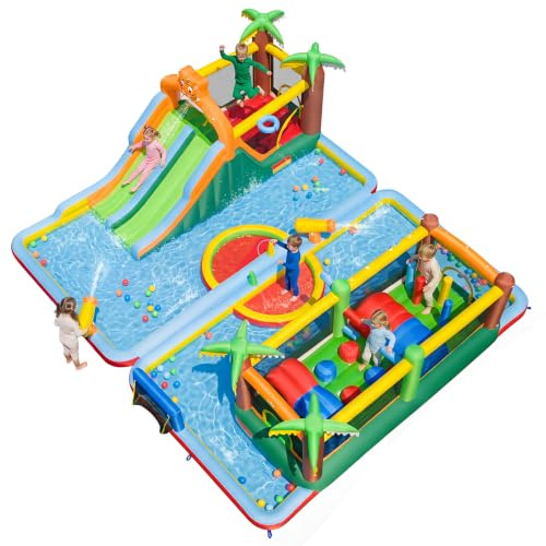 COSTWAY 9 en 1 Castillo Hinchable para Niños de 3-12 Años, sin Soplador | Parque Infantil con Tema Tigre, Trampolín, Tobogán, Pared de Escalada, Postes de Obstáculos, Cañones de Agua y Portería
