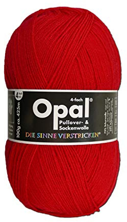 Opal Uni (425m) 4-fädiges Garn - Wollmischung, leuchtende Volltonfarben, Garn für warme Socken und Pullover, 5180 Rot, 1 x 100 g