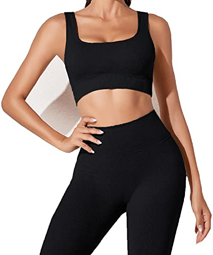 JN JANPRINT Workout-Outfits für Frauen 2-Teiliges Set,Nahtlos Yoga-Outfits Hohe Taille Leggings+Sport-BH Damen Trainingsanzüge Set(Schwarz,S)