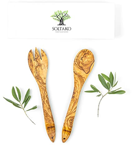 SOLTAKO Olivenholz Salatbesteck Rucola 2-teilig, Servierbesteck Set aus Löffel und Gabel