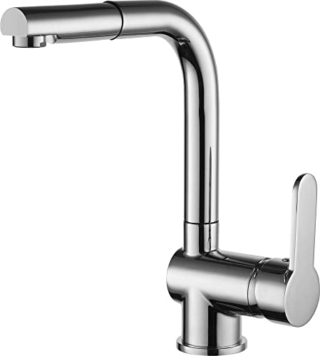 Tuganna Niederdruck Küchenarmatur in Chrom mit ausziehbarer Geschirrbrause, Spültischarmatur mit Einhebelmischer, 360 Grad schwenkbarer Wasserhahn für die Küche, 2272CR