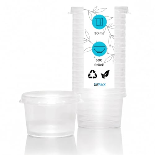 Enpack - Dressingbecher mit Deckel 30 ml aus PP 500 Stück - Probierbehälter für Dressings, Soßen oder Snacks - Einweggeschirr - Einwegschalen (30 ml), Transparent