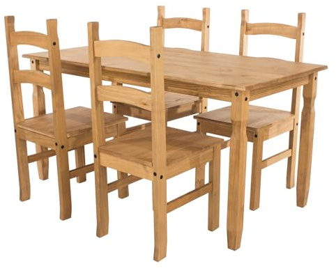 Home Source Solid Pine Wood 4 Chair Kitchen Dining Set, 118cm Rectangular Table, Matching Chairs, Natural Finish