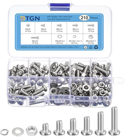 DTGN Kit Surtido de 210 Tornillos de Máquina, Cabeza de Cruz Phillips, Tuercas y Pernos, Surtido de Pernos Métricos M5x6/8/10/12/16/20mm, Acero Inoxidable 304 con Arandelas