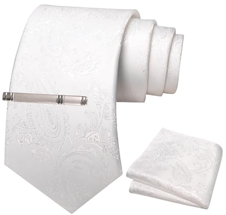 JEMYGINS Ensemble de cravates cachemire pour homme avec pince à cravate et mouchoir de poche, Blanc., taille unique