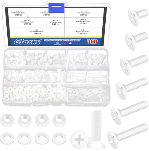 Glarks 360pcs M5 x 8/10/12/15/20/25MM Nylon Phillips Countersunk Head Bolt Machine Screw, White Phillips Cross Flat Head Machine Screws Bolts for Various Industrial Fastening Applications