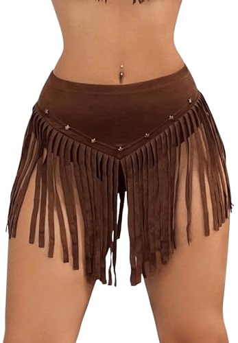 GORGLITTER Falda de mujer con flecos, con cremallera, falda de verano, acampanada, con ojal, minifalda con ojal, falda corta, estilo occidental, para festival de música occidental, marrón, S