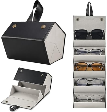 AMONENZ 5-Fach Faltbarer Brillenbox, Tragbarer Schwarzer Leder-Brillenbox für Mehrere Brillen, Sonnenbrillen Organizer zur Aufbewahrung von Brillen, Sonnenbrillen