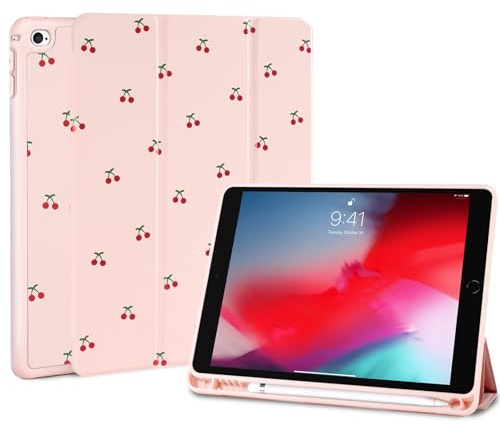 Fycyko Étui pour iPad 6e/5e Génération 2018/2017, Motif Coquette Rose Cerise avec Porte-Crayon, Coque de Protection en TPU Souple Résistant aux Chocs pour iPad 9,7 Pouces