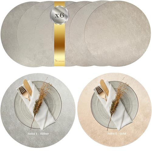 Amber&Bee Tischsets Rund 6er, Ø38 cm, Gold/Silber, doppelseitig, abwaschbar | Doppelseitige Gold/Silber-Tischsets, Ø38 cm, für Alltag, Gäste, Hochzeit, Weihnachten und Silvester