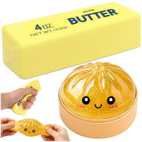 KutaKuta 2 PCS Glitter Squishy Bao-dumplings + Butter Squishy, Sensorisk Avstressningsleksak i PU Material med ångkokare, Squishys Dumplingsleksak, Fidgetleksak för att Lindra ångest för Barn, Vuxna