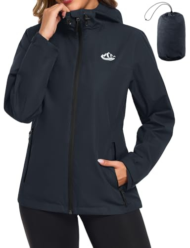 CMTOP Chubasquero Mujer Impermeable Ligero Plegable, Transpirable Deportiva Chaqueta Impermeable Mujer con Capucha, Exteriores Cortavientos Abrigo de Lluvia con Bolsillo(Azul marino,XXL)