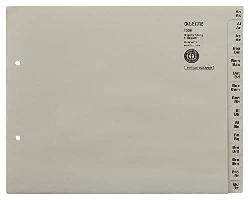 Leitz Register, Trennblätter mit Taben und alphabetischem Aufdruck A-Z für 8 Ordner, Halbe Höhe und Überbreite, Grau, 100% recyceltes Papier, Blauer Engel Siegel, 13080085