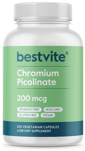 BESTVITE Chromium Picolinate 200mcg (250 Vegetarian Capsules) - No Stearates - No Dicalcium Phosphate - Vegan - Gluten Free - Non-GMO