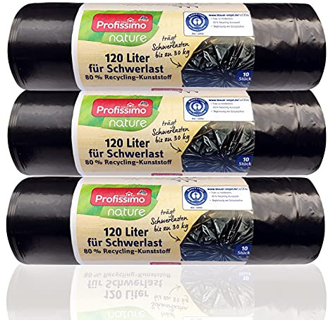 Profissimo Recycling Schwerlast-Abfallsäcke - Extrem Reißfest & Füssigkeitsdicht 120 Liter - 30 Stück - 3er Pack (3 x 10 Stück) - Für Haushalt, Büro und Garten - Blauer Engel Zertifikat