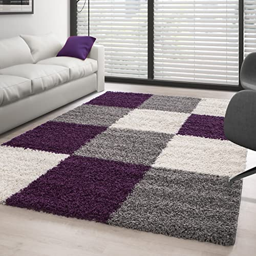 Carpettex Hochflor Teppich Wohnzimmer Shaggy Flokati - Modern Kariert Design 80 x 150 cm Flur Läufer Violett - Bettvorleger Schlafzimmer Weich Flauschig Waschbar Küchenläufer