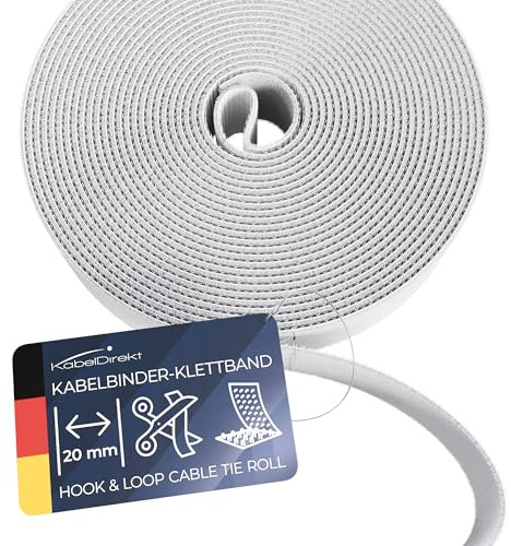 KabelDirekt – Abrazaderas para cables 20mm x 15m – Corte a medida, reutilizable (rollo de cinta de para cortar, hook and loop resellable, conecta cables y mucho más) blanco