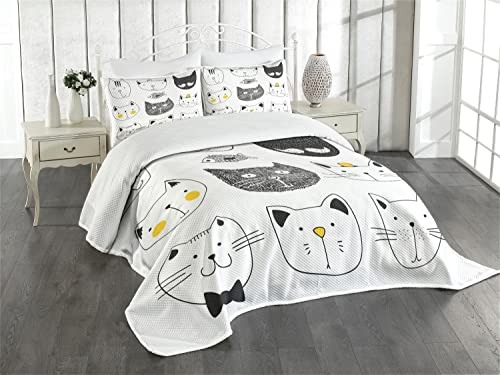 ABAKUHAUS Katze Tagesdecke Set, Stilvolle Katzen mit Fisch, Set mit Kissenbezug Moderne Designs, für Einzelbetten 170 x 220 cm,Gelb Grauen