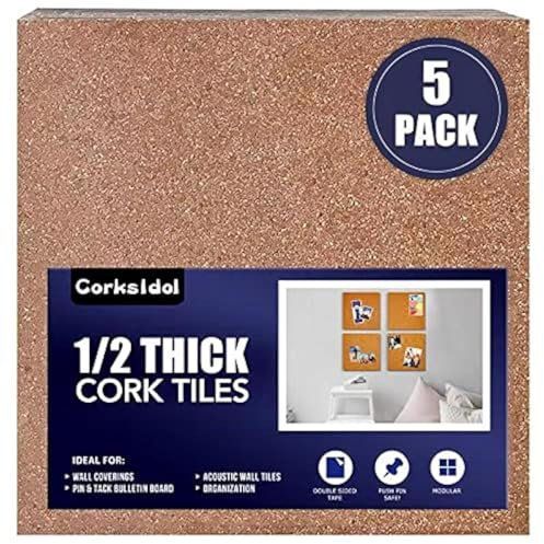 Corksidol Korktafelfliesen aus Naturkork, 30,5 x 30,5 x 1,3 cm (stark selbstklebend) für Boden/Wand/Heimwerker, 5 Stück