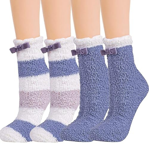 Strumpor, dam, gosiga strumpor, varma fluffiga strumpor, vinterstrumpor, vinter, tjocka termostrumpor, mjuka ventilerande sängstrumpor, toffelstrumpor för kvinnor, flickor, EU-storlek 36–42, 2 par, blå, One Size stor