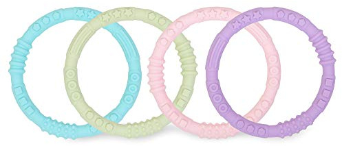 Bumkins Baby Teething Freezer Toy Keys Rings, Soft Flexible Pacifier to Chew, Cool Teether Gum Relief, Babies 3 Months, Freezable, Platinum Cured Silicone, Sensory Bracelet, 4-pk Pastels