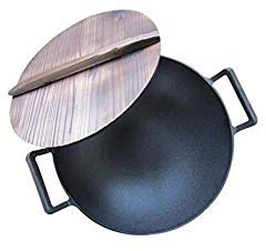 Panduo Bolsa de Picnic Wok 36cm Ollas de Hierro Fundido Wok Wok Stir Fry Moldeada Antiadherente sin Humo Verduras Carne frita de Hierro con Tapa florero de Madera adecuados for la Cocina