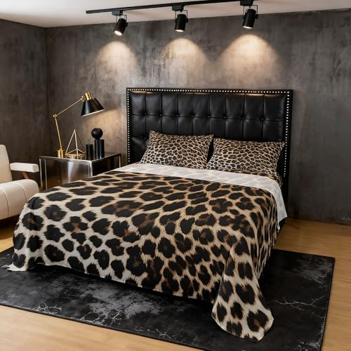 Leopard Print Bed Sheet Set Queen Size,African Cheetah Skin Print Fitted Sheet 4Pcs,Leopard Fur Pattern Fitted Sheets Luxury Wildlife Animal Theme Bedding Set with 1 Flat Sheet 2 Pillowcase,Brown