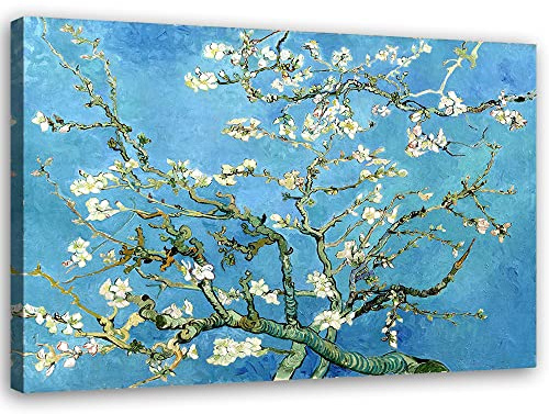 Feeby Vlies Leinwandbild XXL Vincent Van Gogh Reproduktion Mandelbaum in Blüte 120x80 cm Wandbild Kunst Bilder Schlafzimmer Deko Wohnzimmer Natur Pflanzen Blumen Blau
